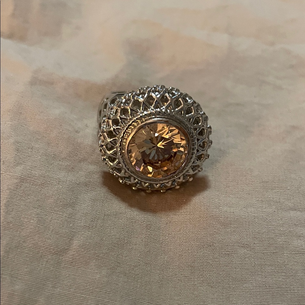 Elegant SilverToned with Yellow Gemstone Women's Ring